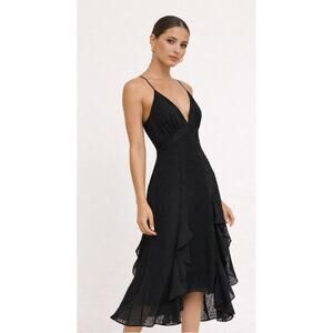 Talulah Black Swiss Dot Midi Dress Ruffle Hem Deep V Cocktail Wedding Guest S